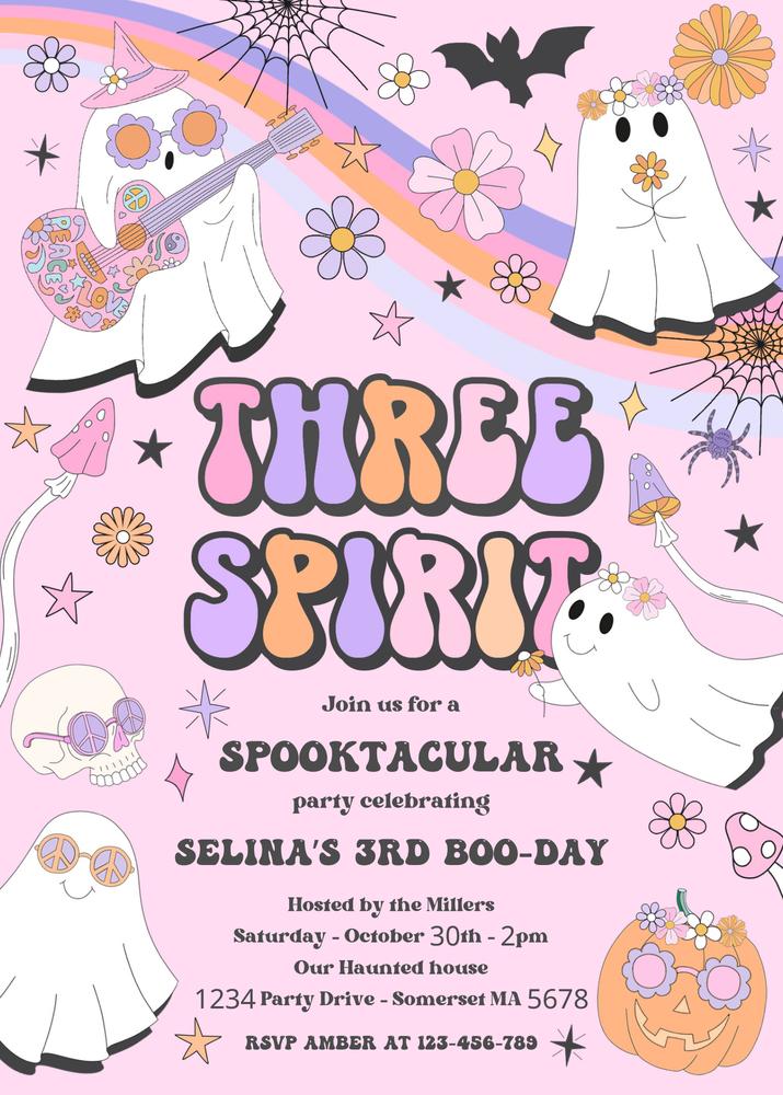 Three Spirit Halloween 3rd Birthday Invitation | Retro Groovy Ghost Canva Template