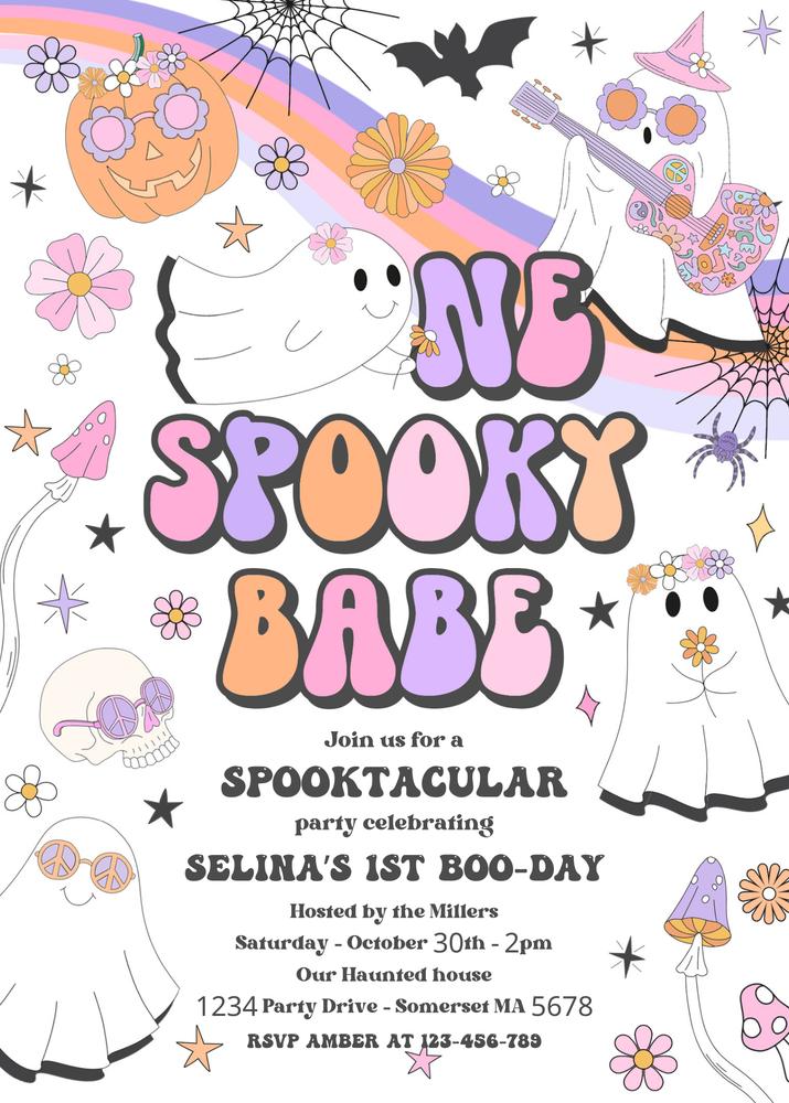 Retro One Spooky Babe 1st Birthday Invitation | Groovy Ghost Canva Template