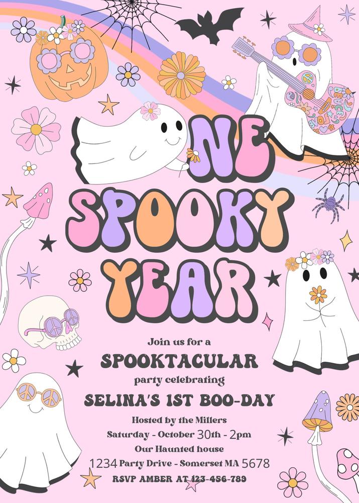 One Spooky Year Birthday Invitation | Retro Ghost 1st Birthday Canva Template