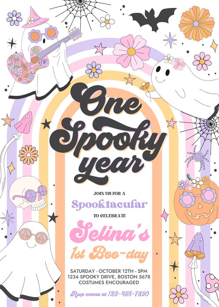 One Spooky Year Birthday Invitation | Retro Ghost 1st Birthday Canva Template