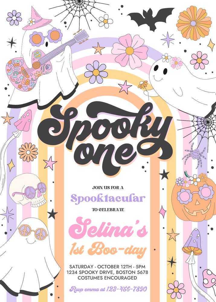 Spooky One 1st Birthday Invitation | Retro Groovy Ghost Canva Template