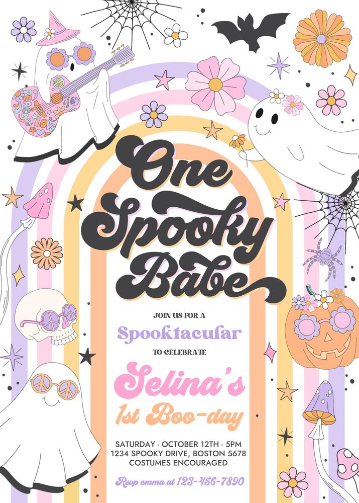 One Spooky Babe 1st Birthday Invitation | Groovy Retro Ghost Canva Template