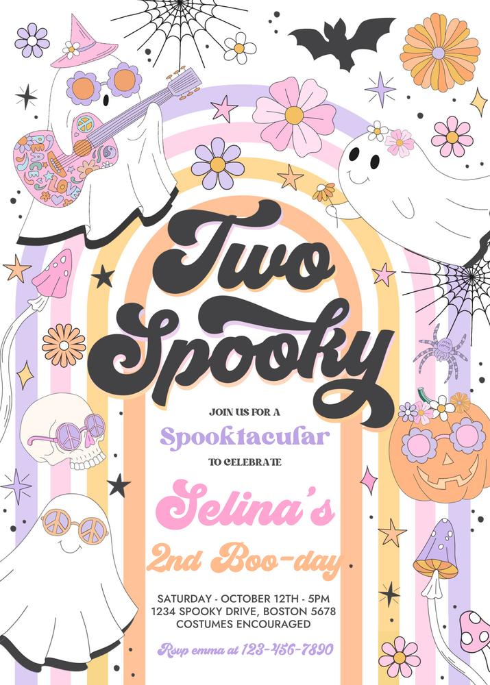 Two Spooky Ghost 2nd Birthday Invitation | Retro Groovy Halloween Canva Template