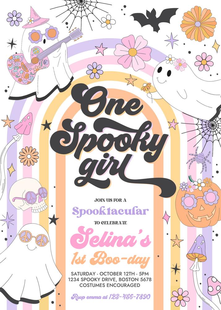 One Spooky Girl 1st Birthday Invitation | Groovy Ghost Retro Halloween Template