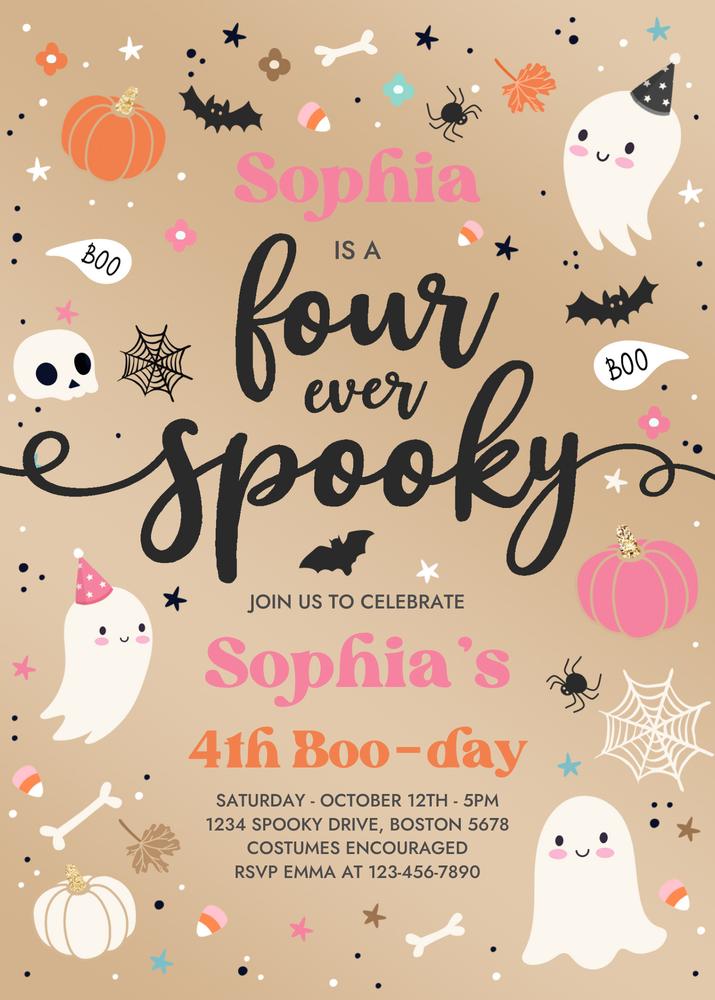 Four Ever Spooky 4th Birthday Invitation | Editable Canva Ghost Invite
