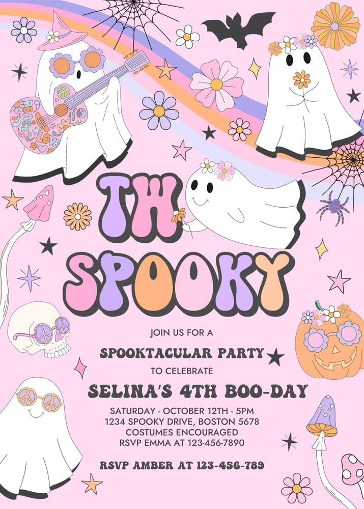 Two Spooky Ghost 2nd Birthday Invitation | Retro Groovy Halloween Canva Template