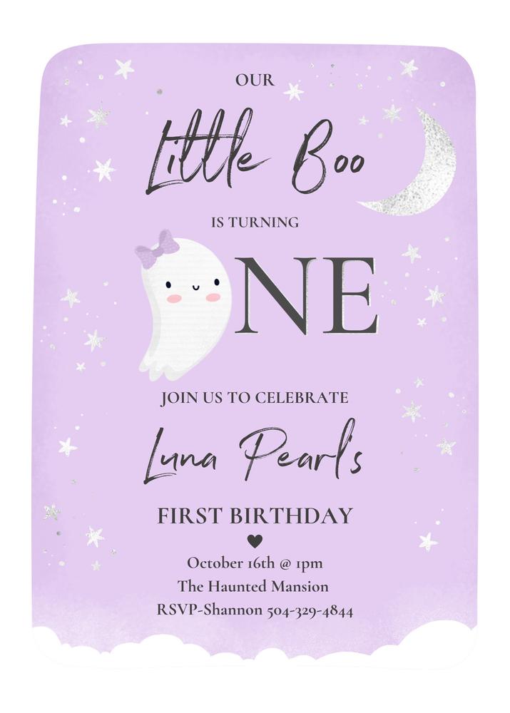 Editable Purple Little Boo 1st Birthday Invitation | Cute Halloween Ghost Canva