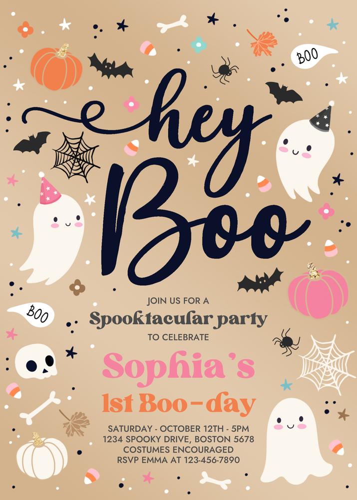 Vintage Pink Ghost Birthday Invitation - Editable Canva Template Hey Boo