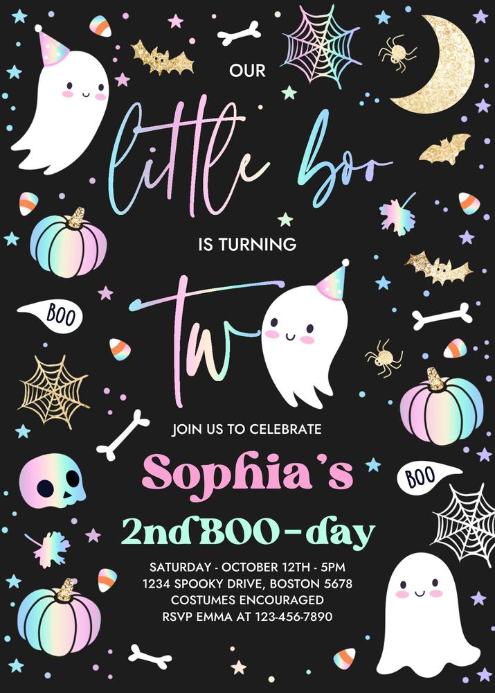 Little Boo 2nd Birthday Invitation | Pink Ghost Halloween Canva Template