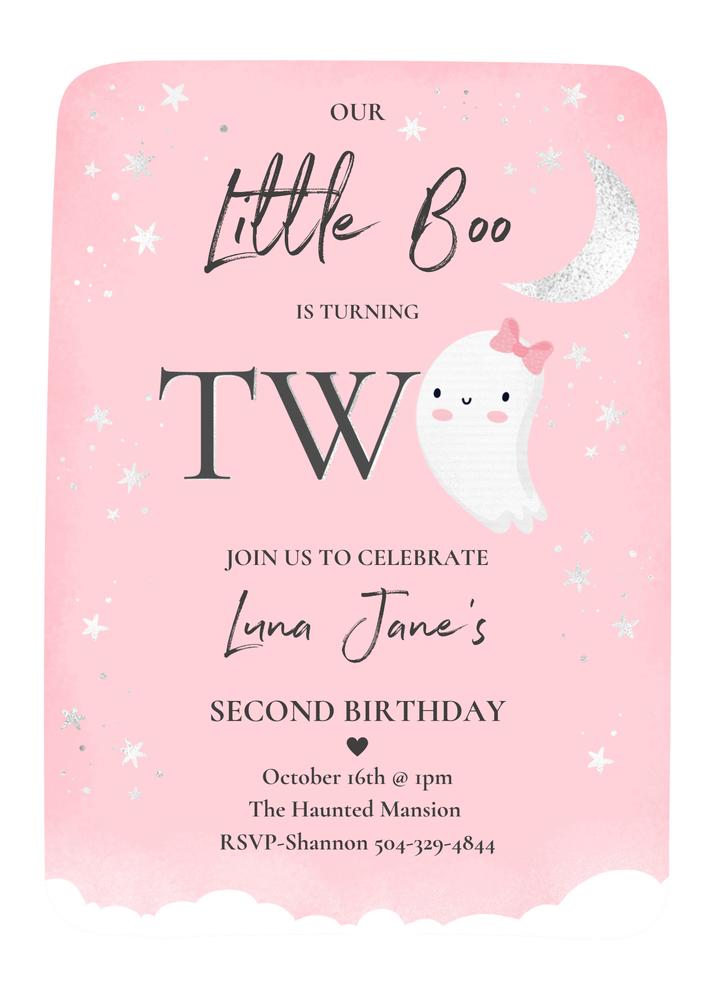 Our Little Boo 2nd Birthday Invitation | Pink Halloween Ghost Canva Template