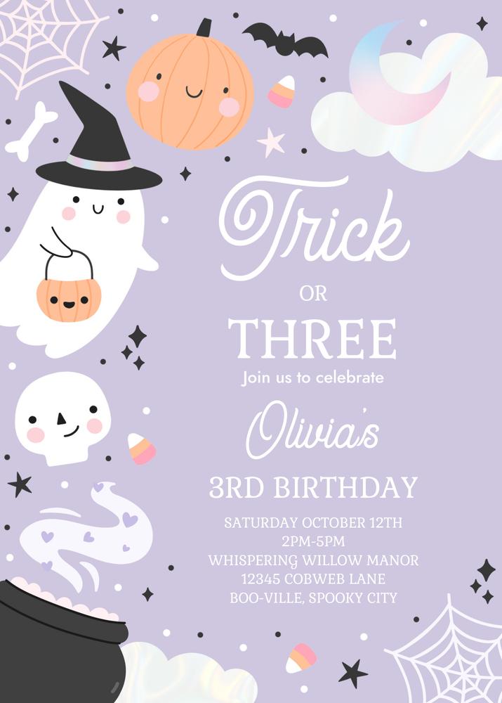 Trick or Three Ghost Halloween 3rd Birthday Invitation Canva Template