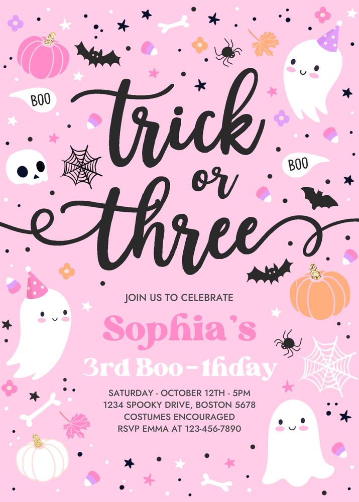 Trick Or Three Halloween Ghost 3rd Birthday Invitation Canva Template