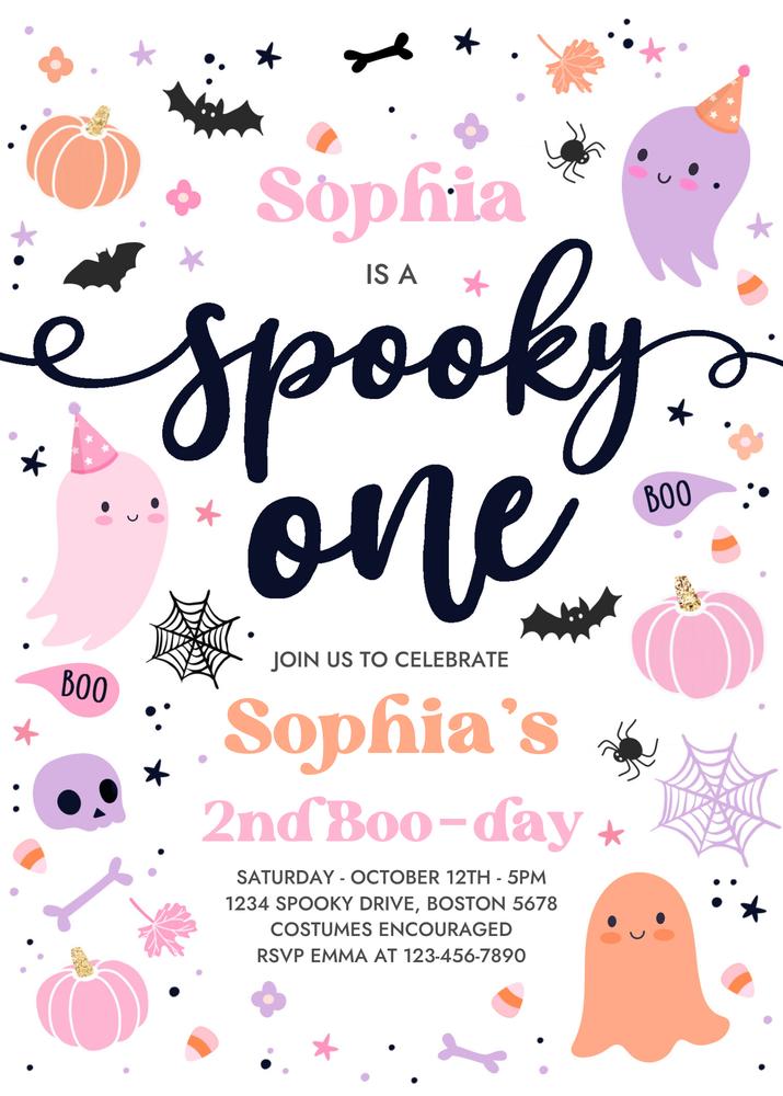 Spooky One Pink Ghost 1st Birthday Invitation | Editable Canva Template