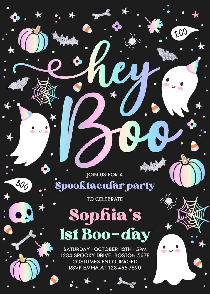 Pastel Ghost Birthday Invitation | Editable Hey Boo Halloween Party Canva Template