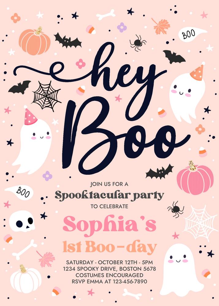 Pink Ghost Birthday Invitation - Editable Halloween Hey Boo Girl Birthday Decor
