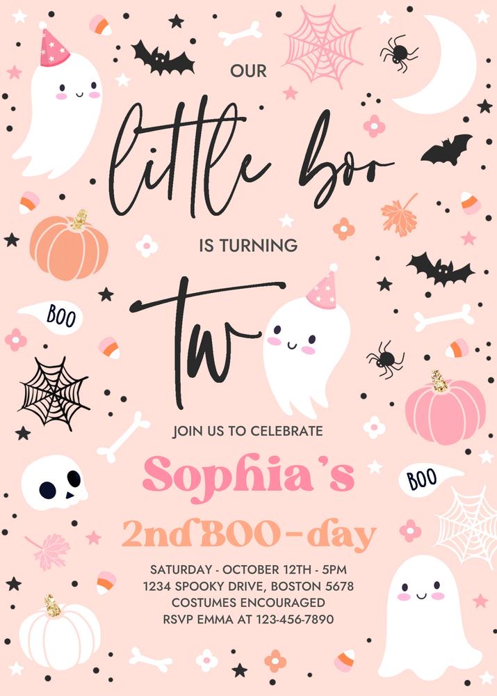 Little Boo 2nd Birthday Invitation | Editable Pink Halloween Ghost Invite