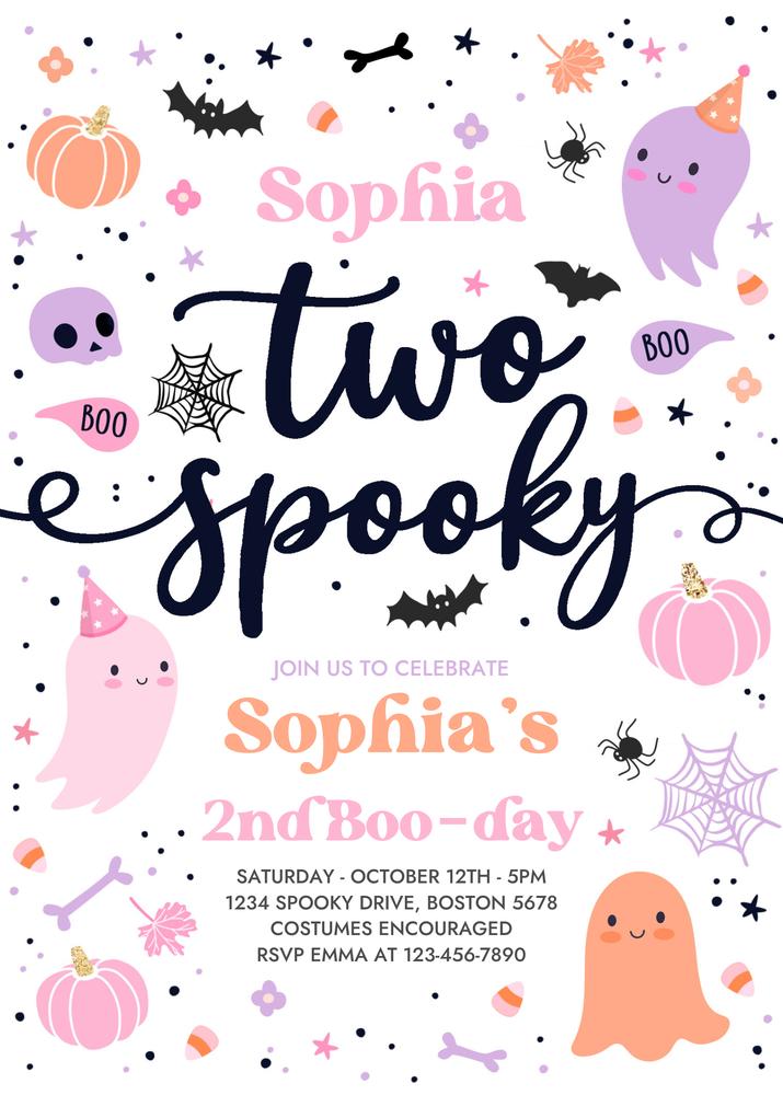 Two Spooky Pink Ghost 2nd Birthday Invitation | Editable Canva Template