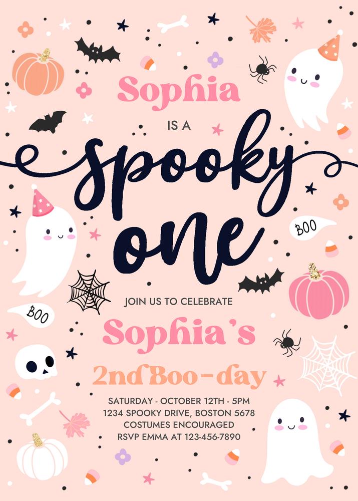 Spooky One Pink Ghost 1st Birthday Invitation | Editable Canva Template