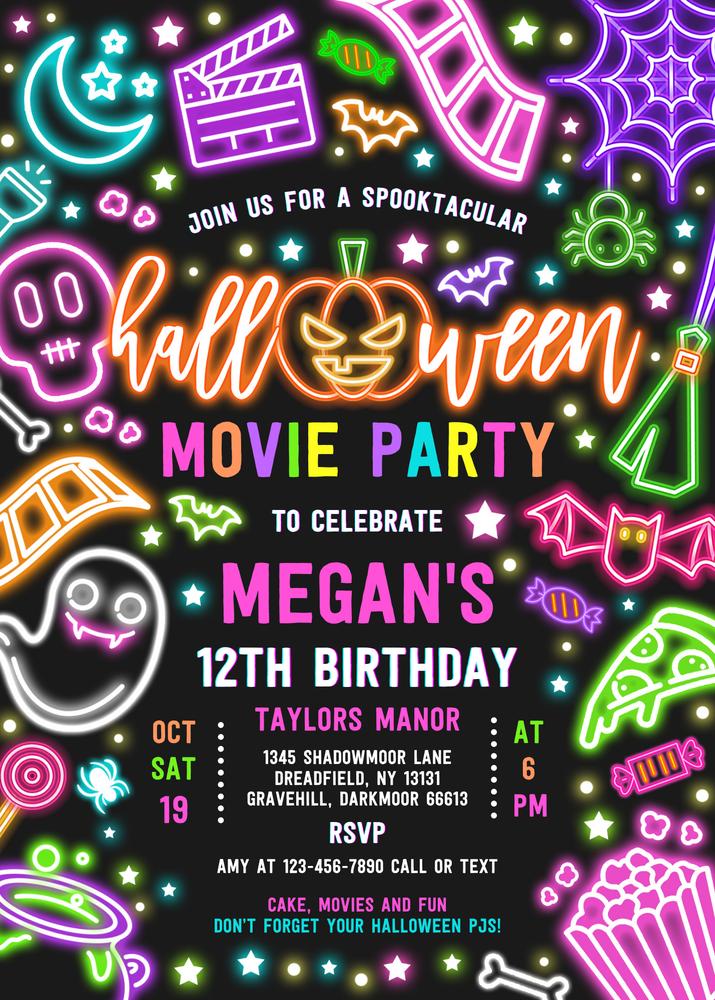 Editable Halloween Movie Night Birthday Invitation Template | Spooky Glow Theme