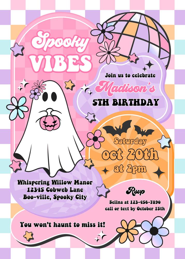Retro Pink Ghost 2nd Birthday Invitation | Spooky Vibes Canva Template