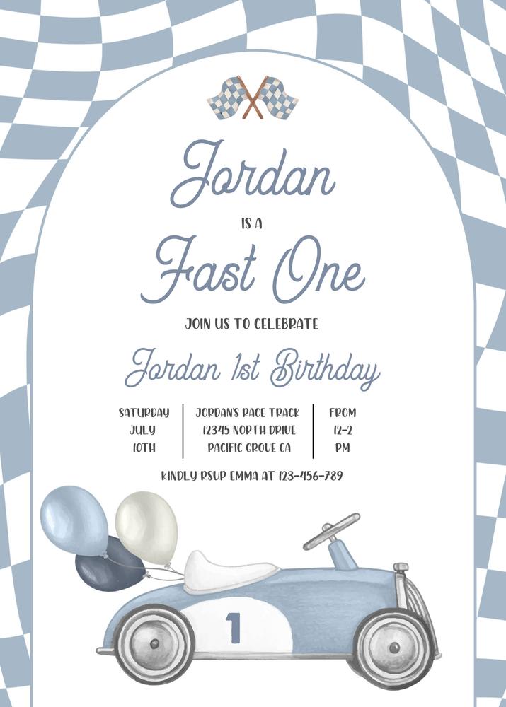 Vintage Race Car Fast One 1st Birthday Invitation | Editable Canva Template