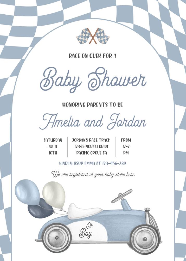 Vintage Race Car Baby Shower Invitation | Editable Canva Template Oh Boy