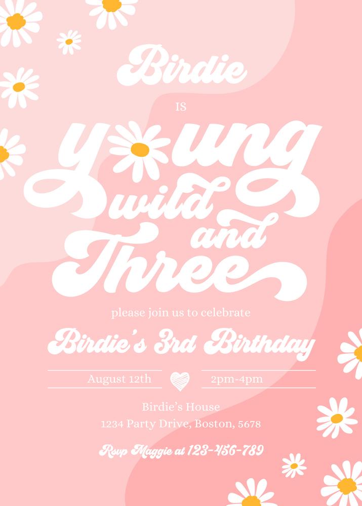 Young Wild and Three Boho Daisy 3rd Birthday Invitation Canva Template