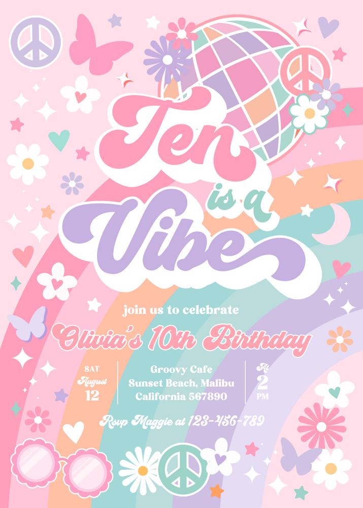 Ten Is A Vibe 10th Birthday Invitation | Groovy Rainbow Sunshine Canva Template