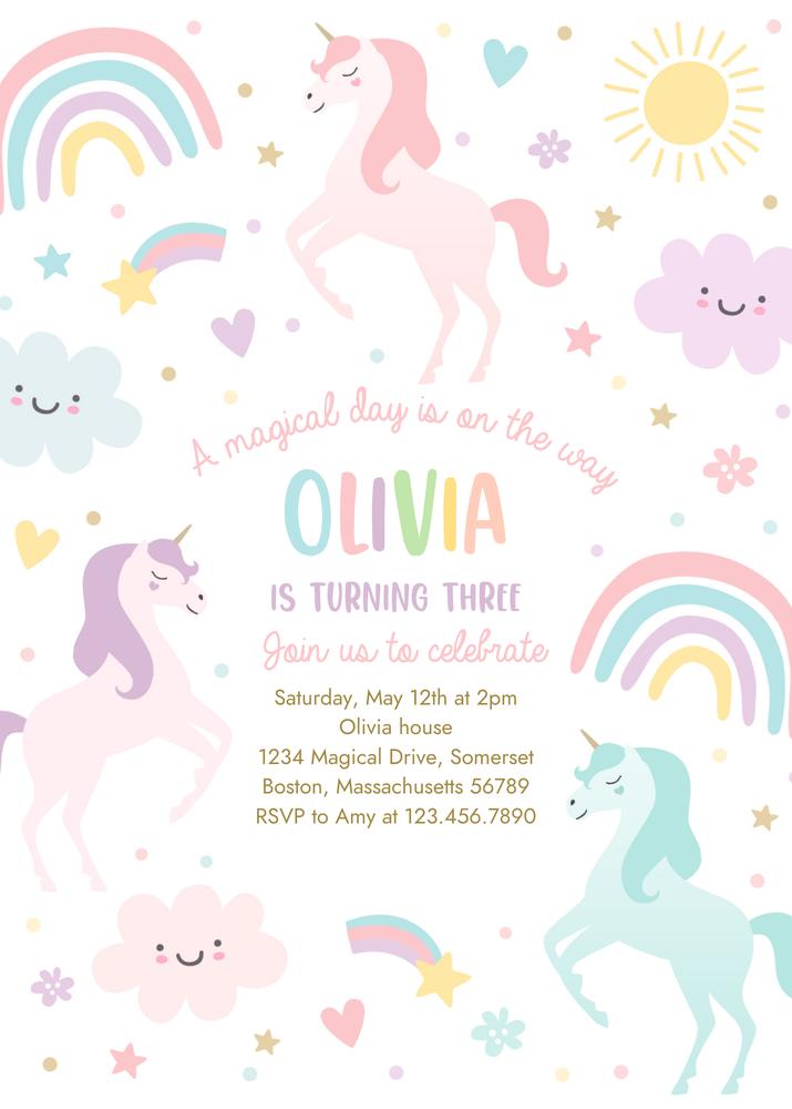 Editable Unicorn Birthday Invitation - Magical Pastel Rainbow Canva Template