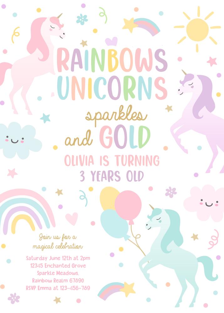 Magical Unicorn Birthday Invitation | Editable Canva Template Pastel Rainbow