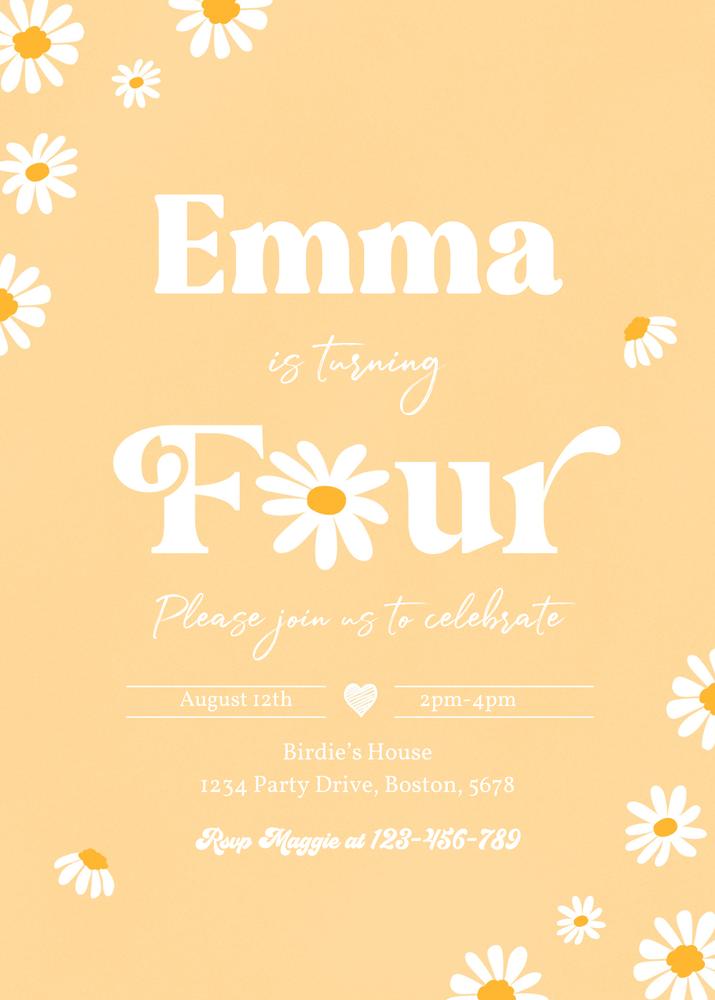 Boho Daisy 4th Birthday Invitation | Editable Canva Groovy Hippie Party Template