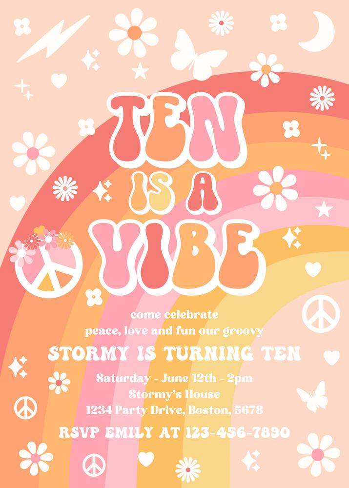 Groovy 10th Birthday Invitation | Retro Ten Is A Vibe Canva Template