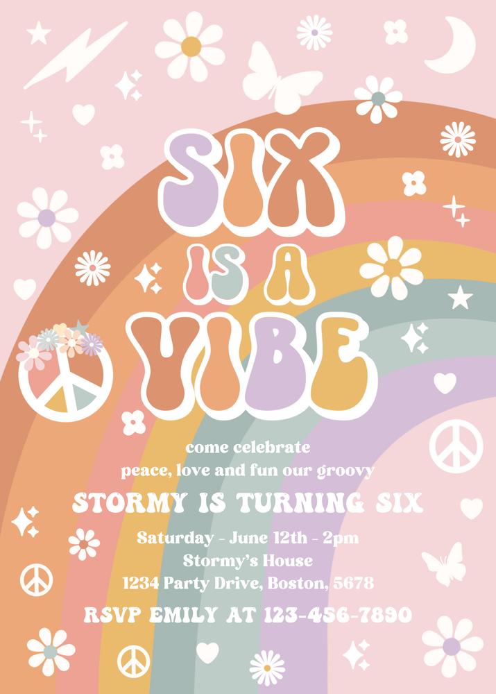 Six Is A Vibe Groovy 6th Birthday Invitation | Editable Canva Template