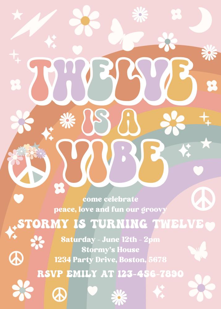 Twelve Is A Vibe Groovy 12th Birthday Invite | Retro Hippie Canva Template