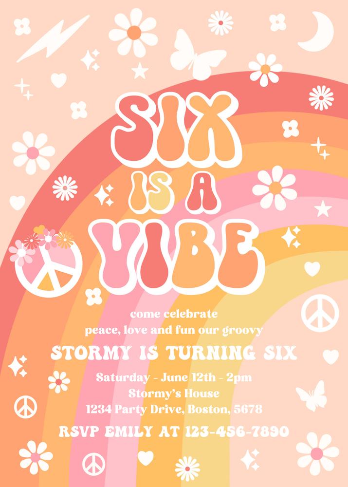 Six Is A Vibe Groovy 6th Birthday Invitation | Editable Canva Template