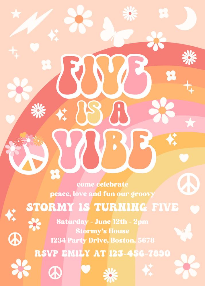 5th Birthday Retro Groovy Invitation | Editable Five Is A Vibe Canva Template