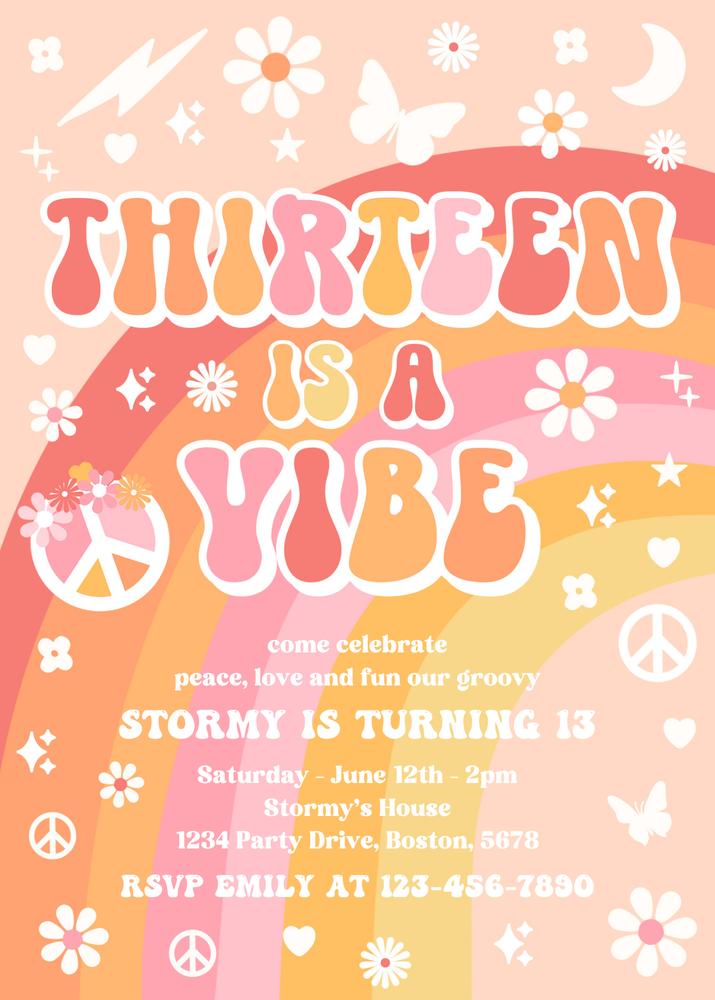Editable 13th Birthday Invitation | Groovy Thirteen Is A Vibe Rainbow Template