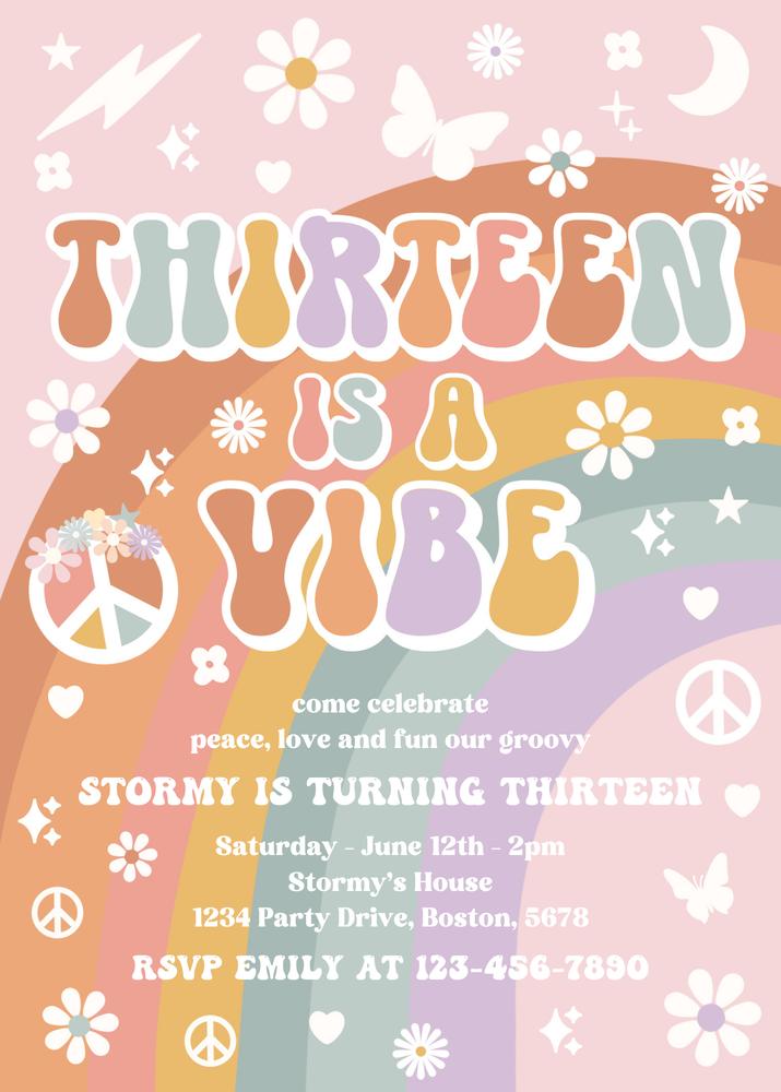 Editable 13th Birthday Invitation - Groovy Hippie Peace & Love Canva Template