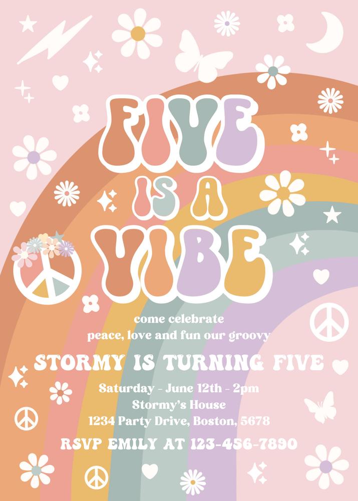 Editable 5th Birthday Invitation | Groovy Retro Rainbow Canva Template