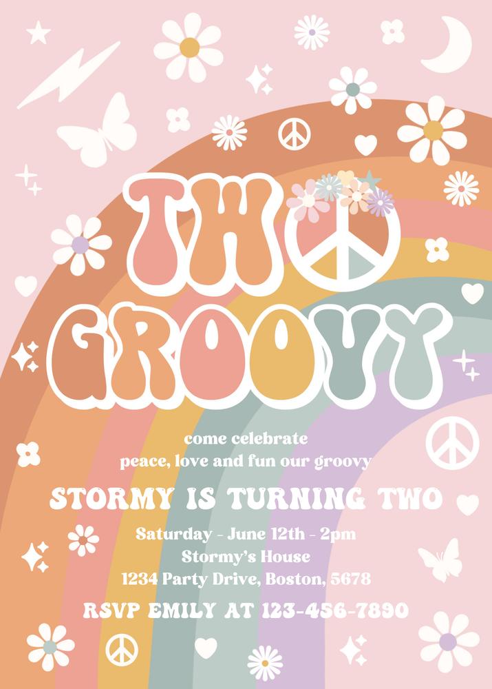 Two Groovy 2nd Birthday Invitation | Editable Canva Template Hippie Rainbow