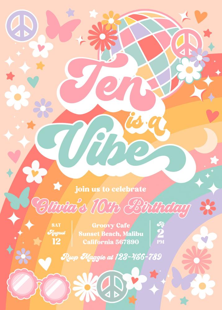 Ten Is A Vibe 10th Birthday Invitation | Groovy Rainbow Sunshine Canva Template