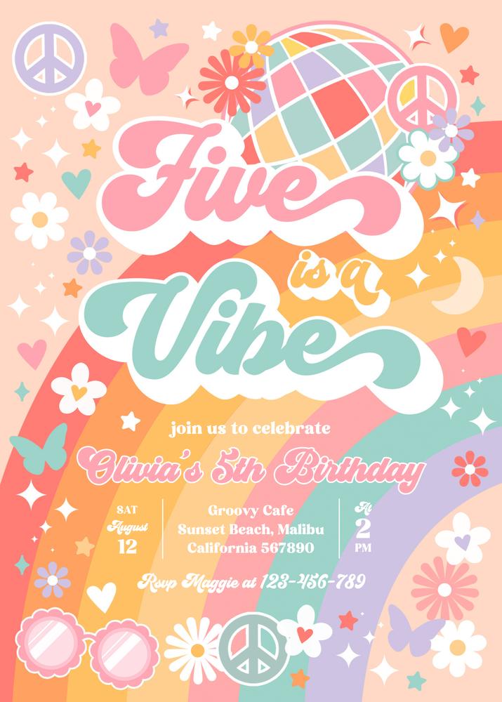 Editable Five Is A Vibe 5th Birthday Invitation | Groovy Rainbow Canva Template