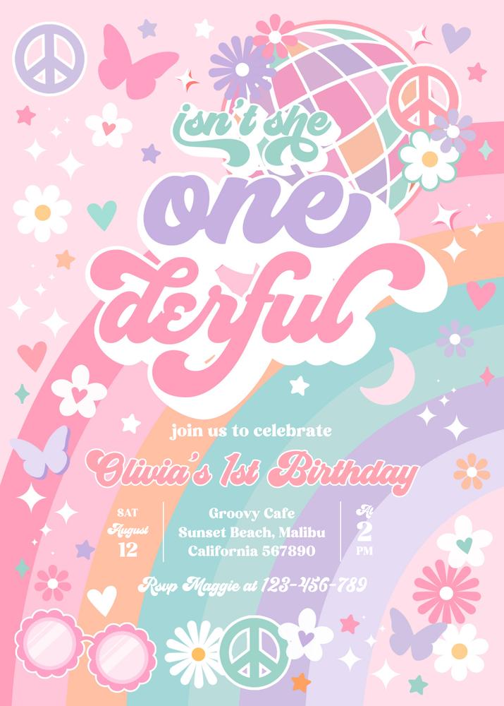 Editable Boho Daisy 1st Birthday Invitation - Retro Groovy Isnt She Onederful