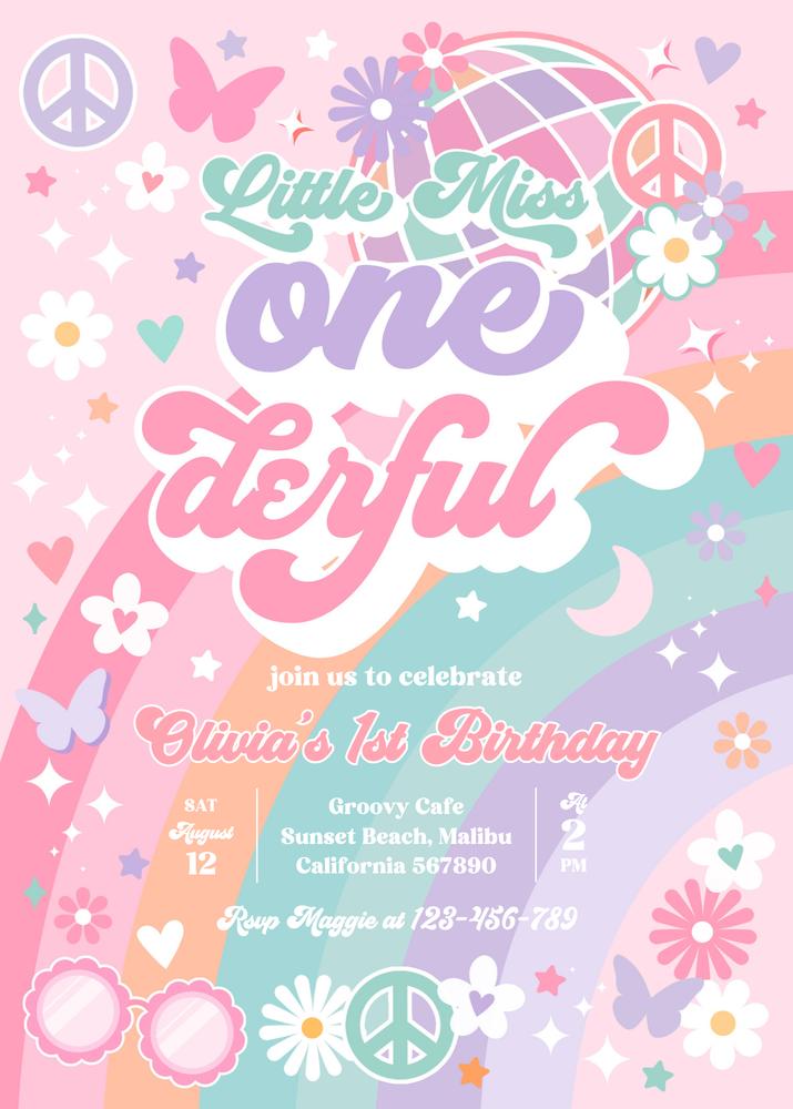 Little Miss Onederful Birthday Invitation, Boho Daisy Retro Groovy Canva Template