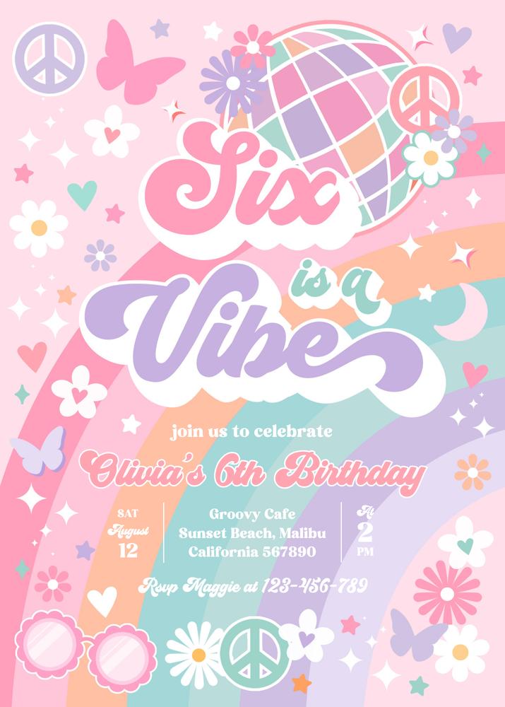Six is a Vibe 6th Birthday Invitation | Editable Groovy Hippie Canva Template