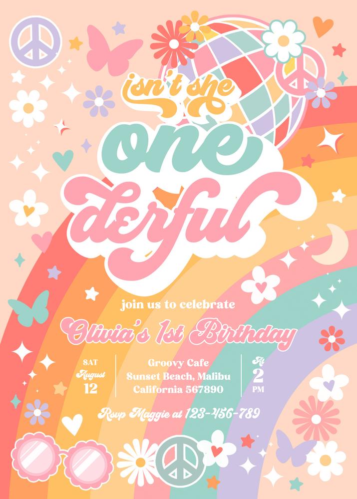 Isnt She Onederful 1st Birthday Invitation | Groovy Daisy Canva Template