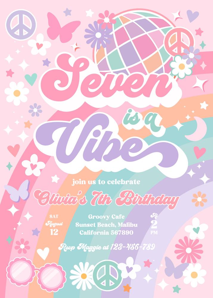 Seven Is A Vibe 7th Birthday Invitation | Groovy Rainbow Hippie Canva Template