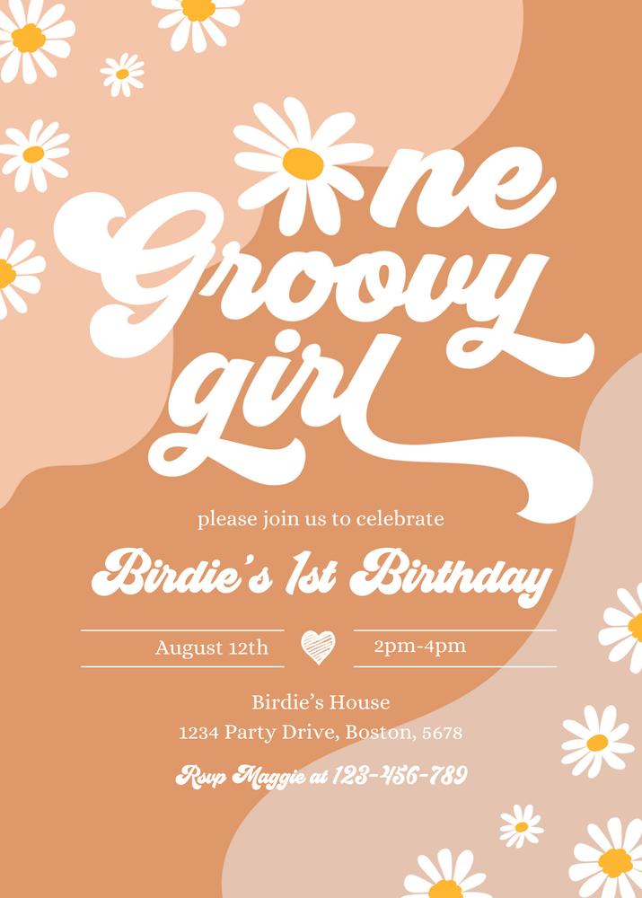 One Groovy Girl 1st Birthday Invitation | Boho Retro Daisy Canva Template