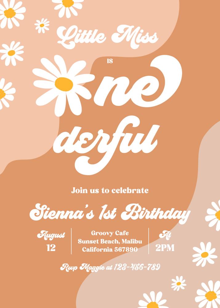 Little Miss Onederful 1st Birthday Invitation | Groovy Daisy Canva Template