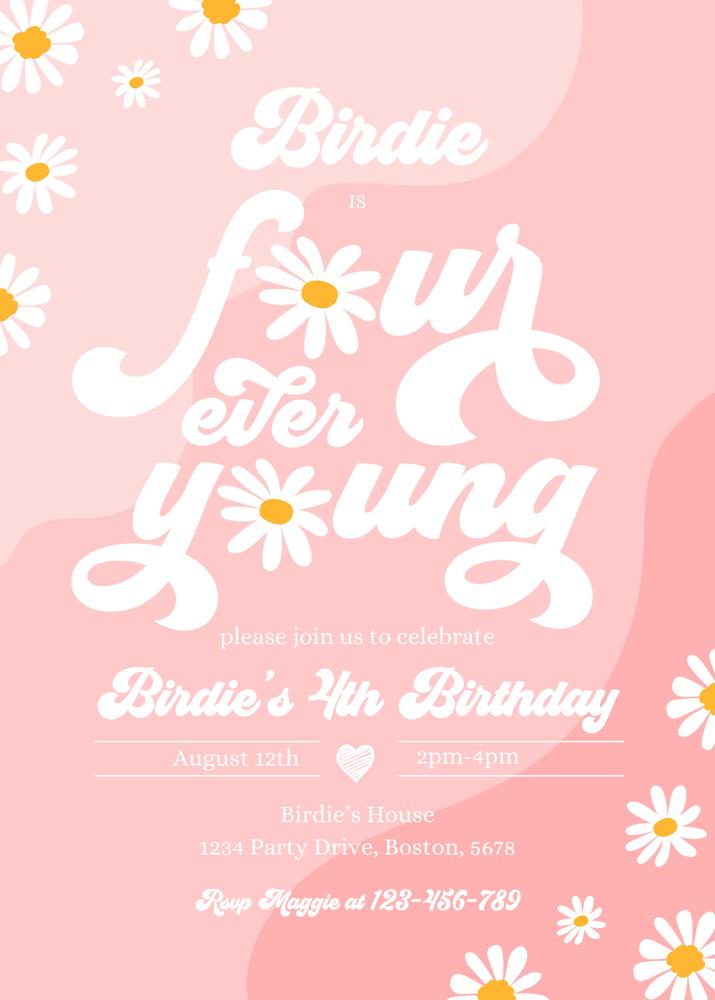 Four Ever Young 4th Birthday Invitation | Boho Daisy Groovy Hippie Canva Template